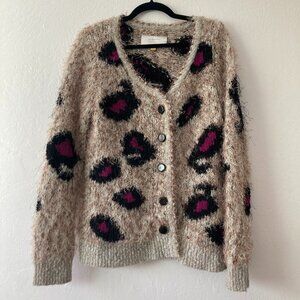 Leifsdottir Anthropologie Wool Blend Leopard Print Tan 3D Sweater Granny Large